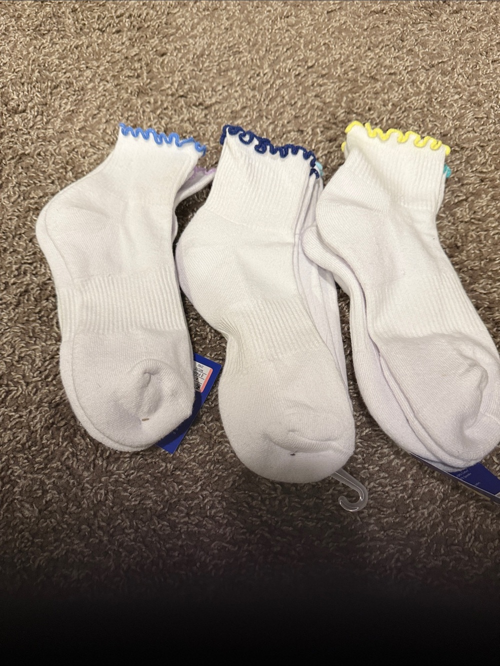 JoyLab White Ankle Socks with Blue, Navy & Yellow Ruffle Trim - 3 Packs of 2